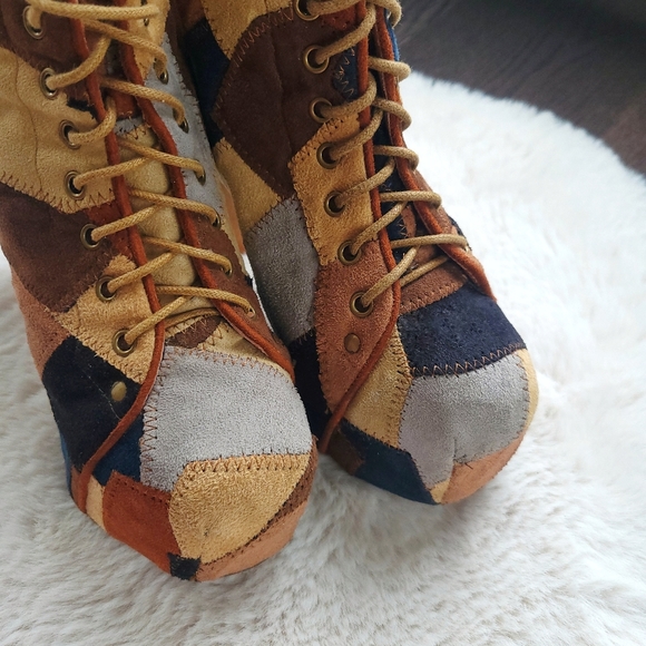 Jeffery Campbell Y2K Patchwork Lolita Square Toe Lace Up Platform Boots - Picture 3 of 10